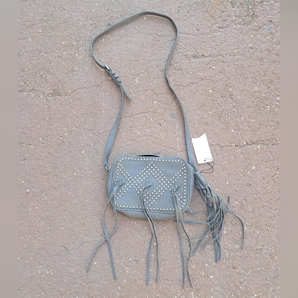 NWT B-Low The Belt Gray Studded Crossbody Bag With Fringe